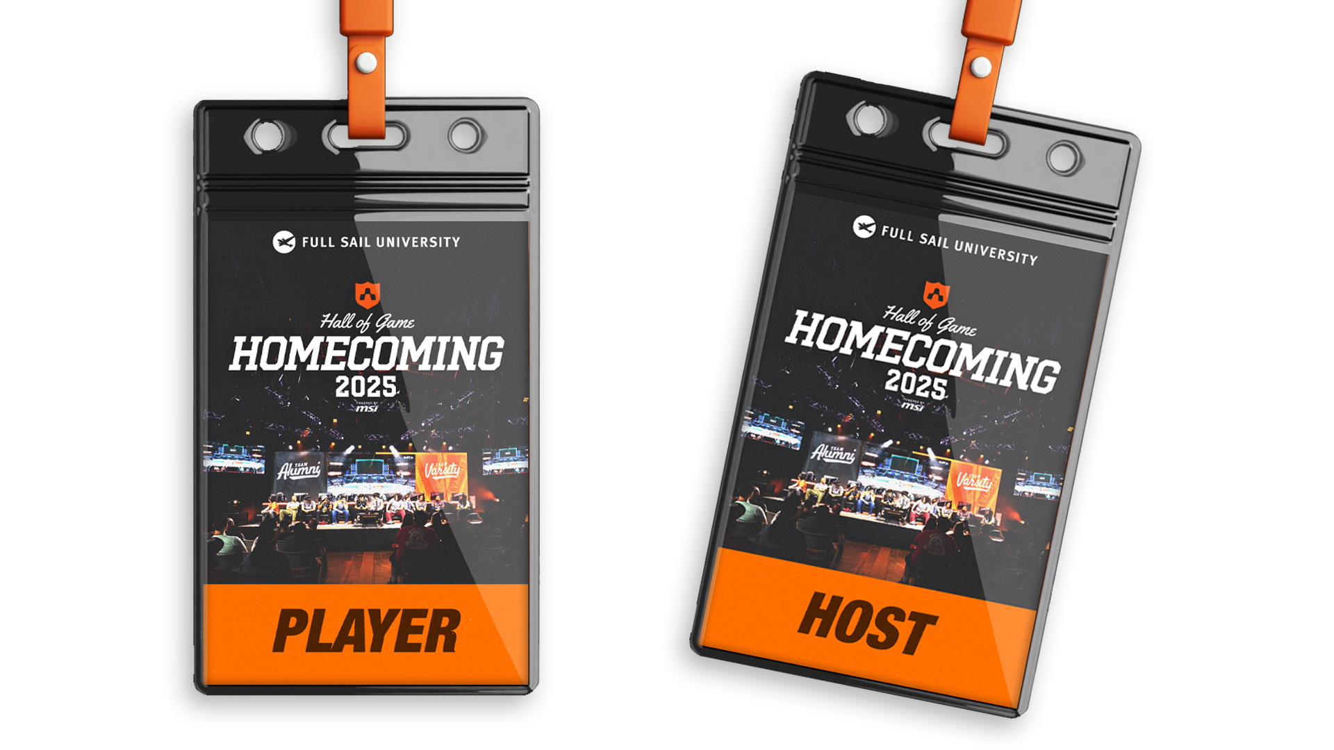Homecoming 2025 event credentials on orange lanyards, labelled Player and Host