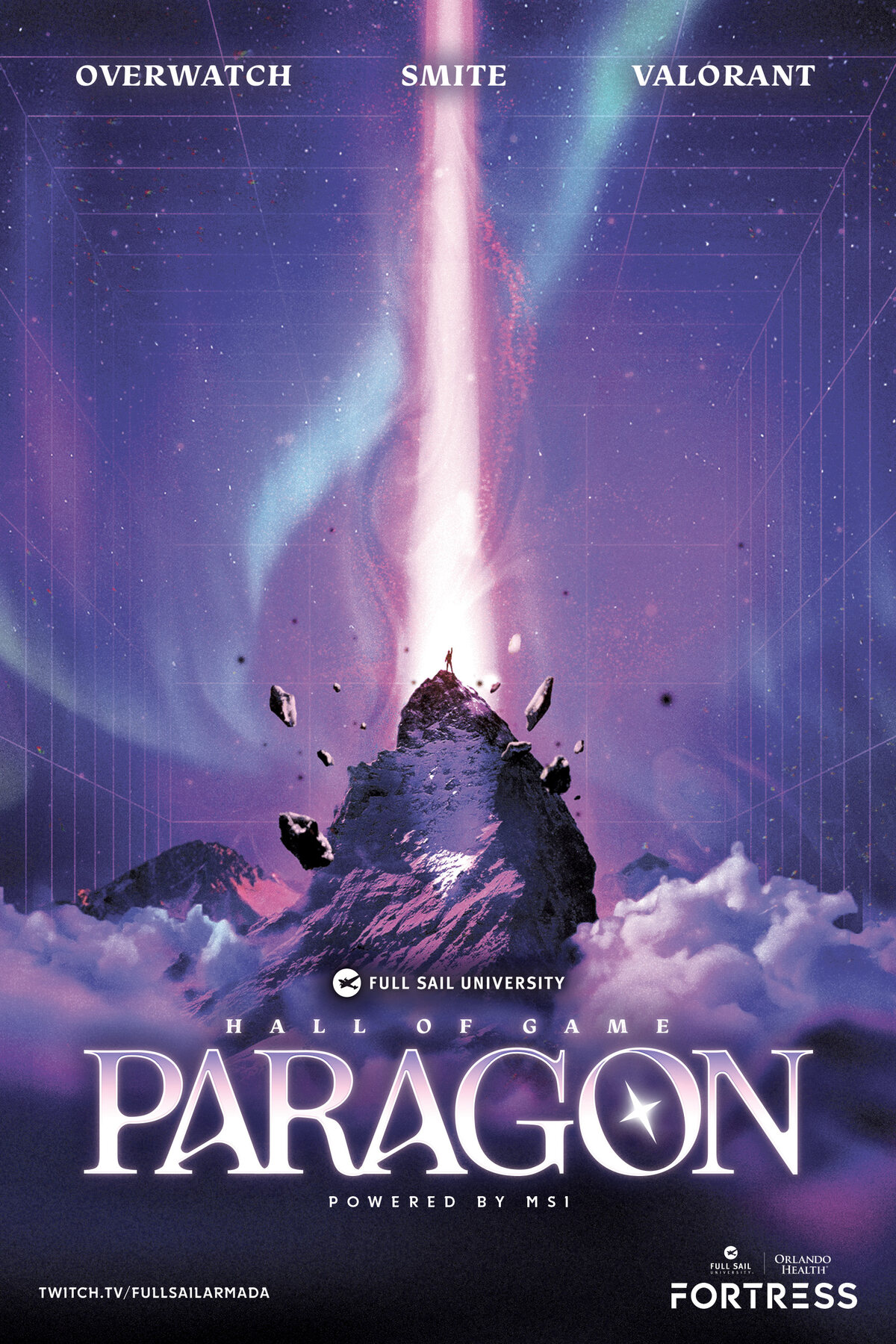 Paragon event poster: the peak and beam of light with the Paragon wordmark, listing Overwatch, Smite and Valorant