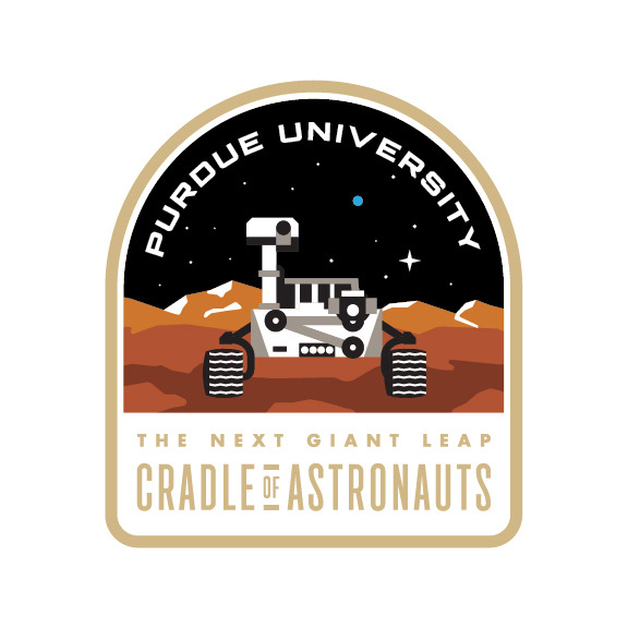 The final rover patch: the Perseverance rover on Mars inside an arched badge, reading Purdue University, The Next Giant Leap, Cradle of Astronauts