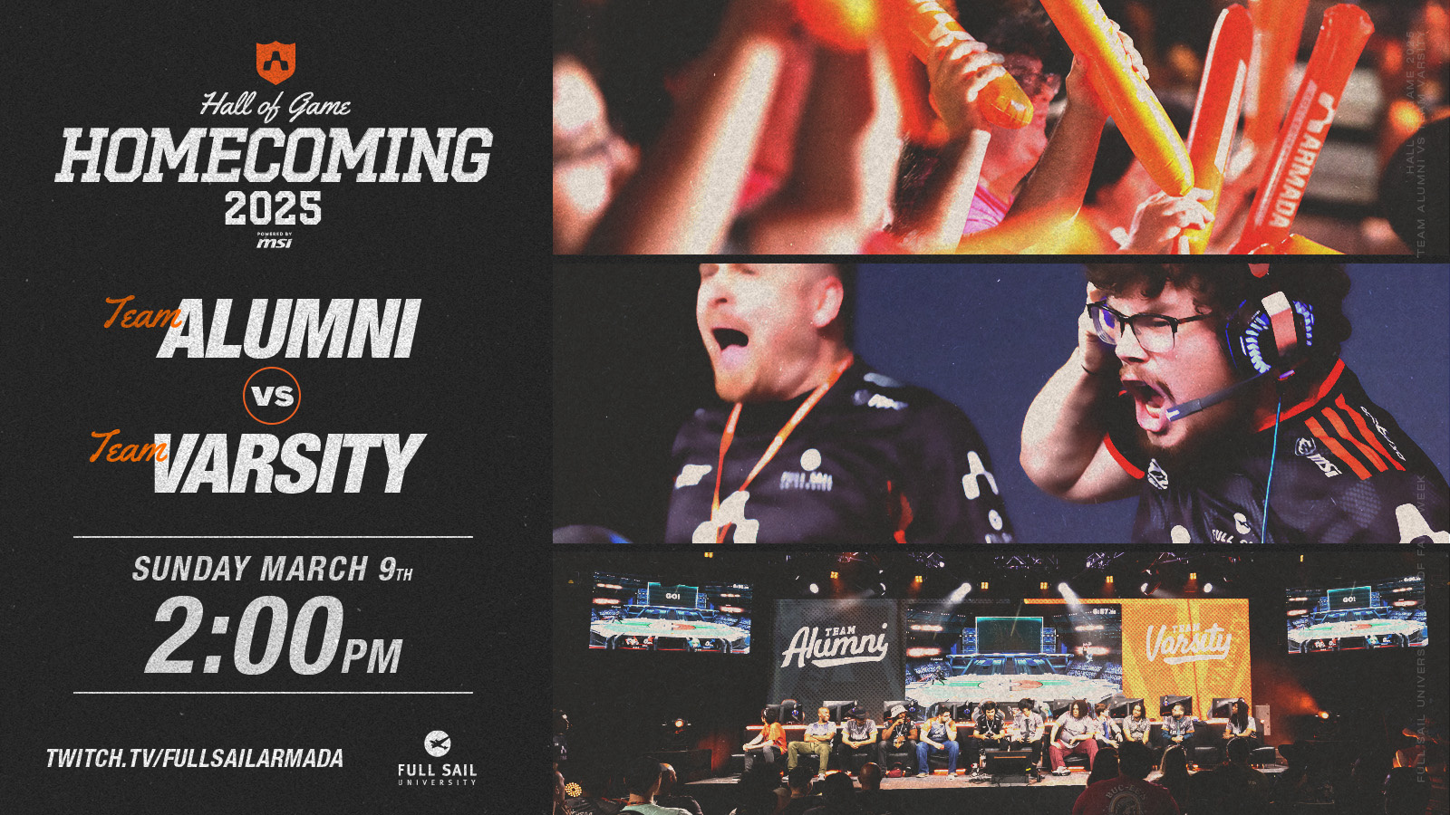 Social post: event details in a dark column beside three stacked photos of fans, players and the stage