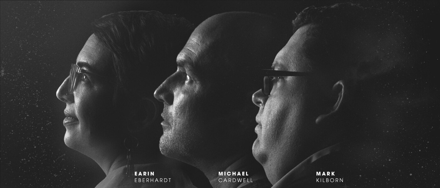 Three inductees in profile, in black and white against a starfield