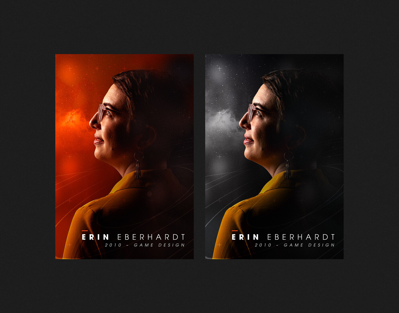 Two inductee posters, in orange and in black