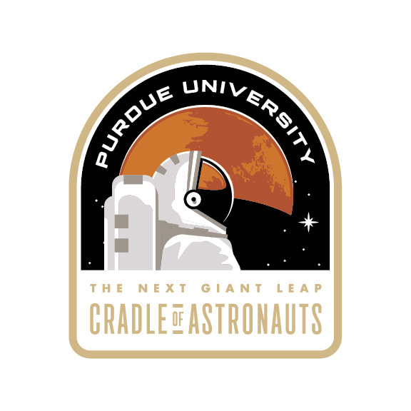 The final astronaut patch: an astronaut in profile against Mars inside the same arched badge