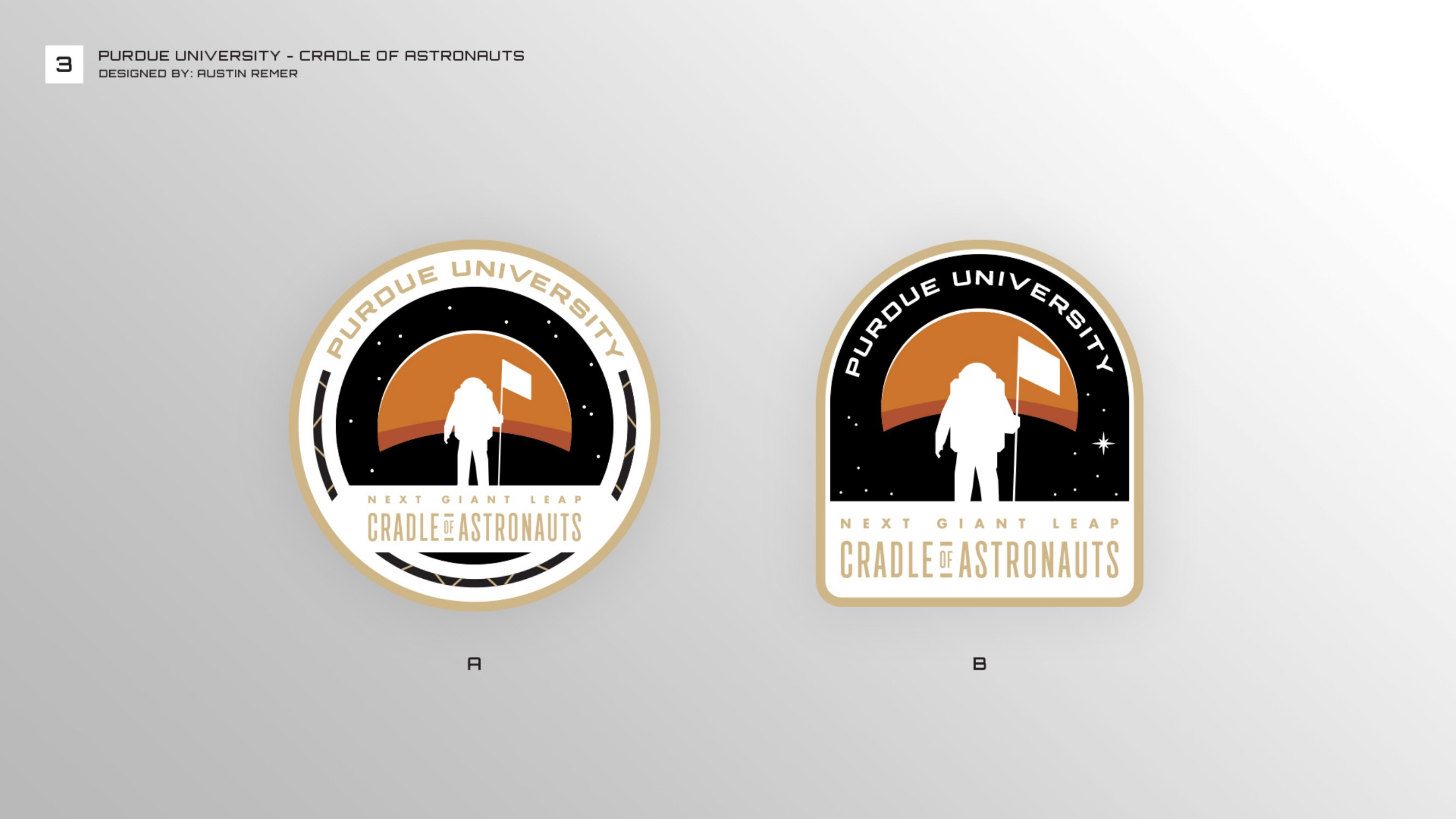 Concept 3: an astronaut silhouette planting a flag against Mars, as a round patch and an arched patch