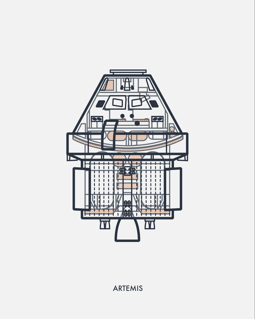 Cutaway of the Orion crew capsule and service module used for Artemis