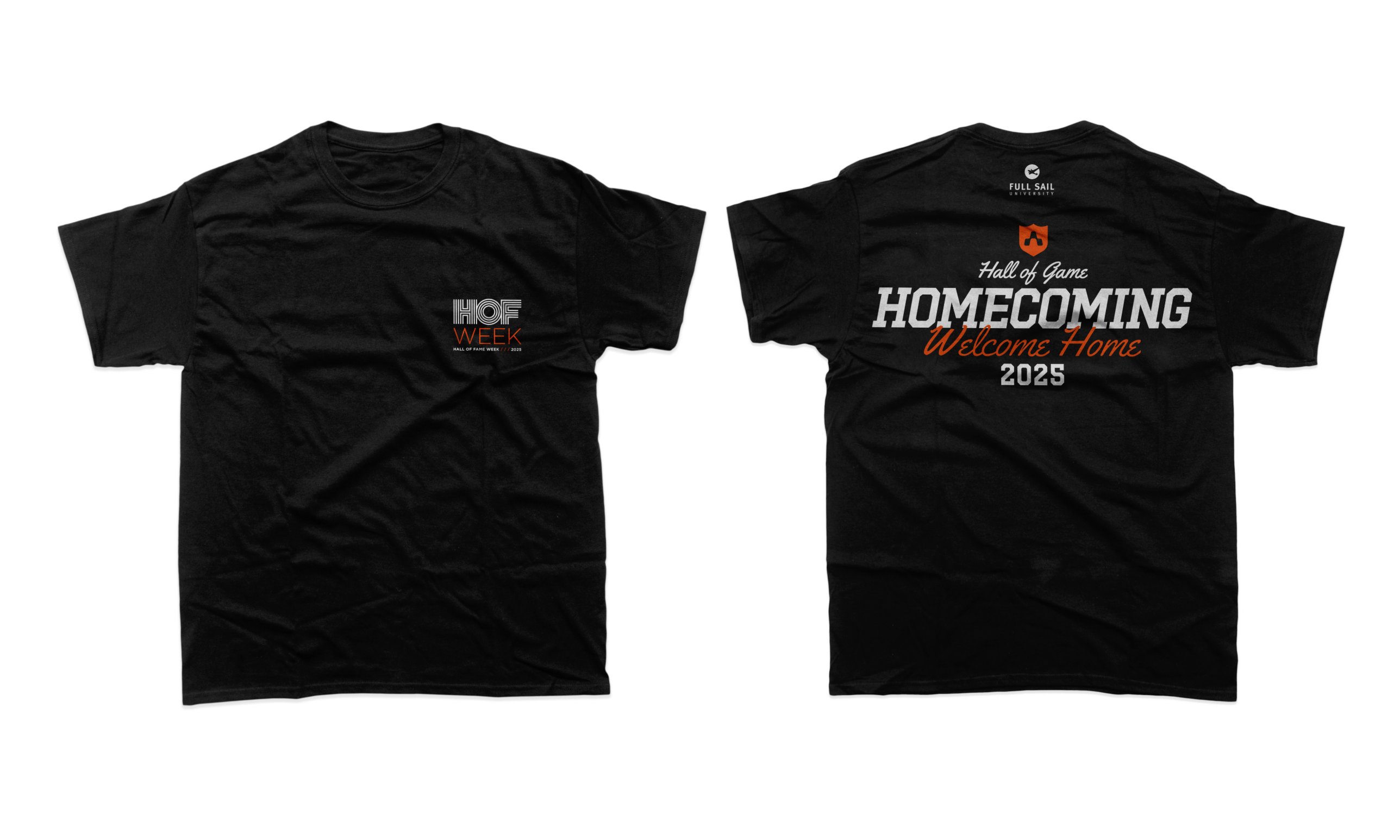 Black event T-shirt: HOF Week on the front chest, and the Hall of Game Homecoming lockup with Welcome Home in orange script on the back