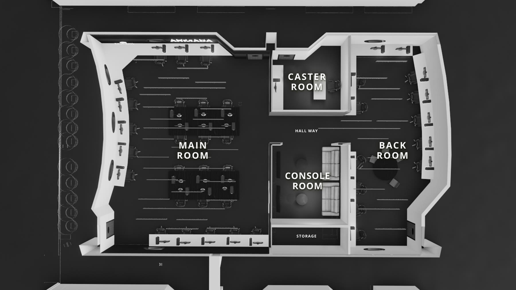 Floor plan of Armada HQ showing the main room, caster room, console room, back room, hallway and storage