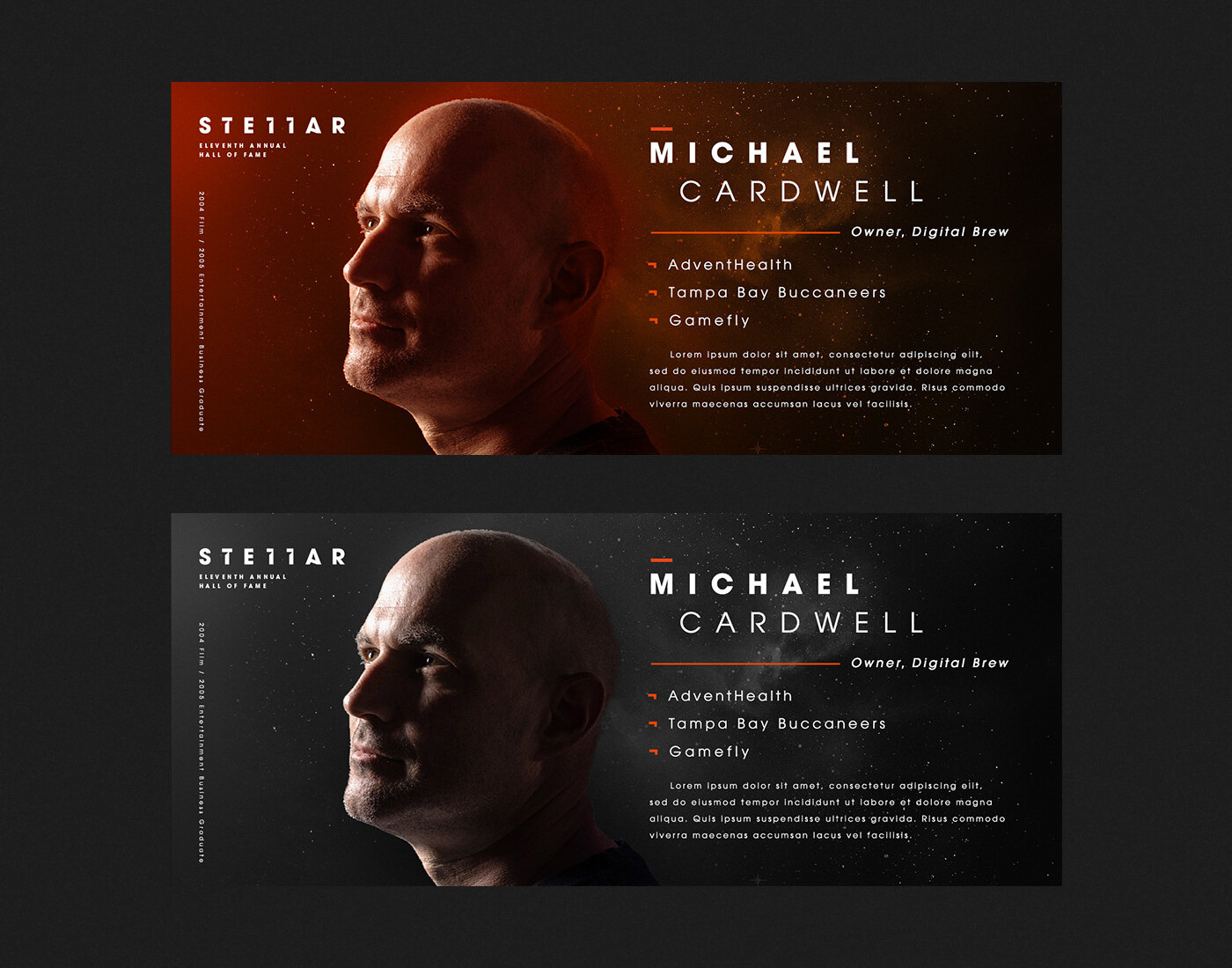 Inductee banners in orange and in black, each with a profile portrait, name and role