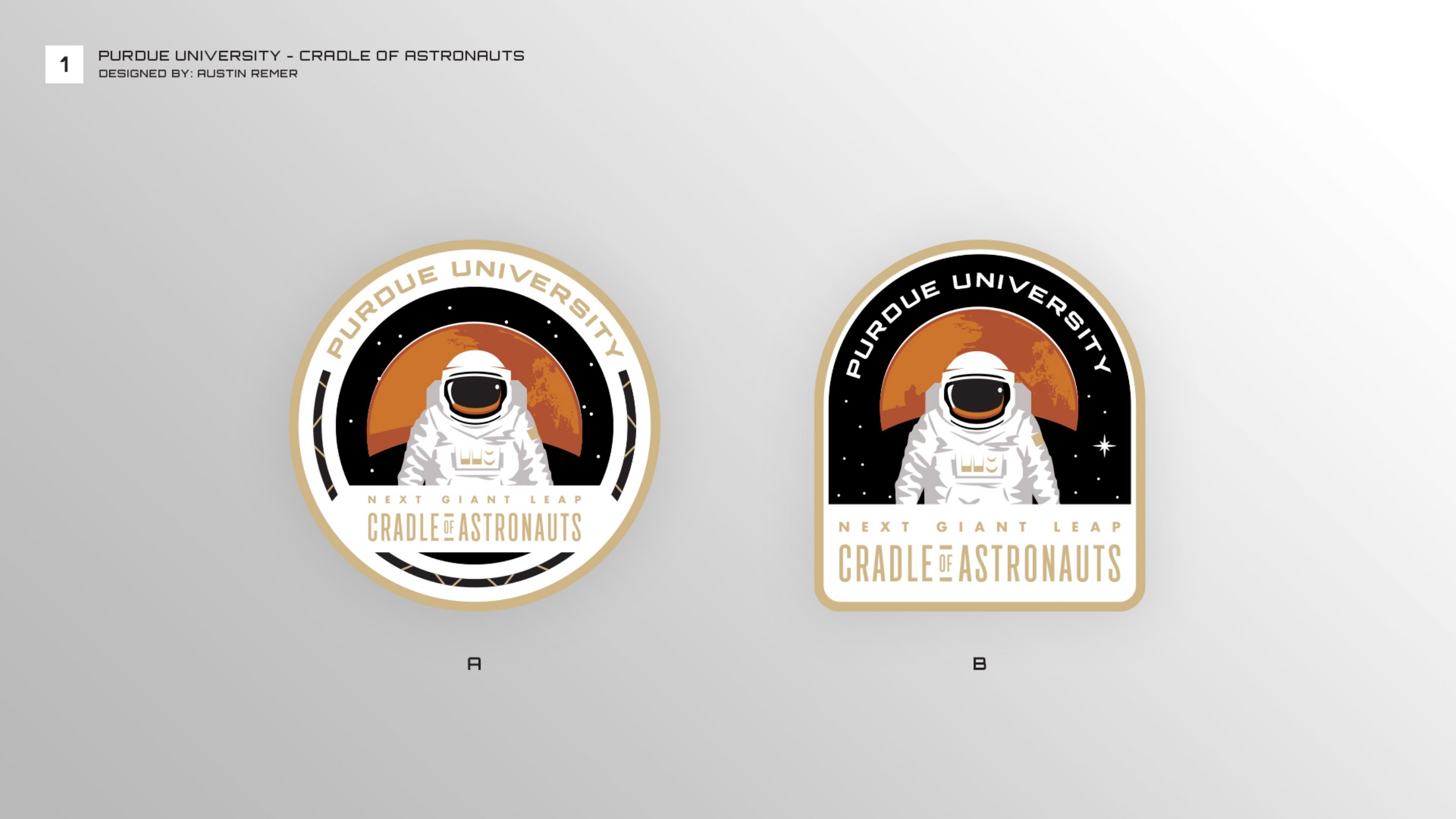Second round, concept 1: a front-facing astronaut against Mars, as a round patch and an arched patch
