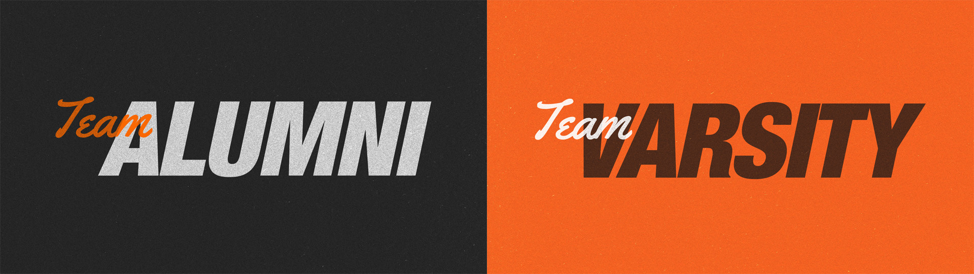 Team lockups side by side: Team in orange script over ALUMNI in bold gray italic capitals on charcoal, and Team in white script over VARSITY in bold brown italic capitals on orange