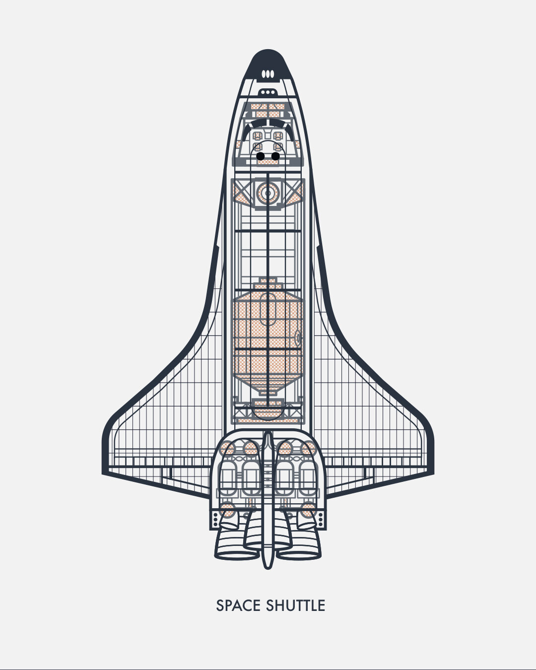 Top-down cutaway of the Space Shuttle orbiter showing the flight deck and payload bay