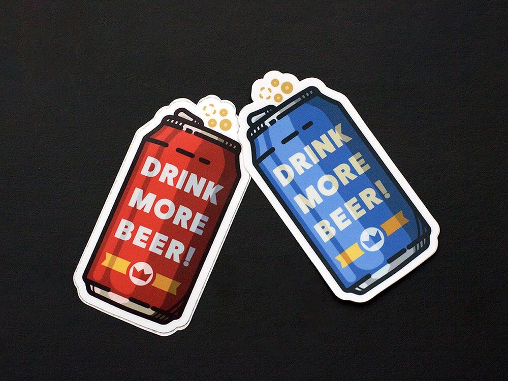 Two Drink More Beer can stickers, one red and one blue