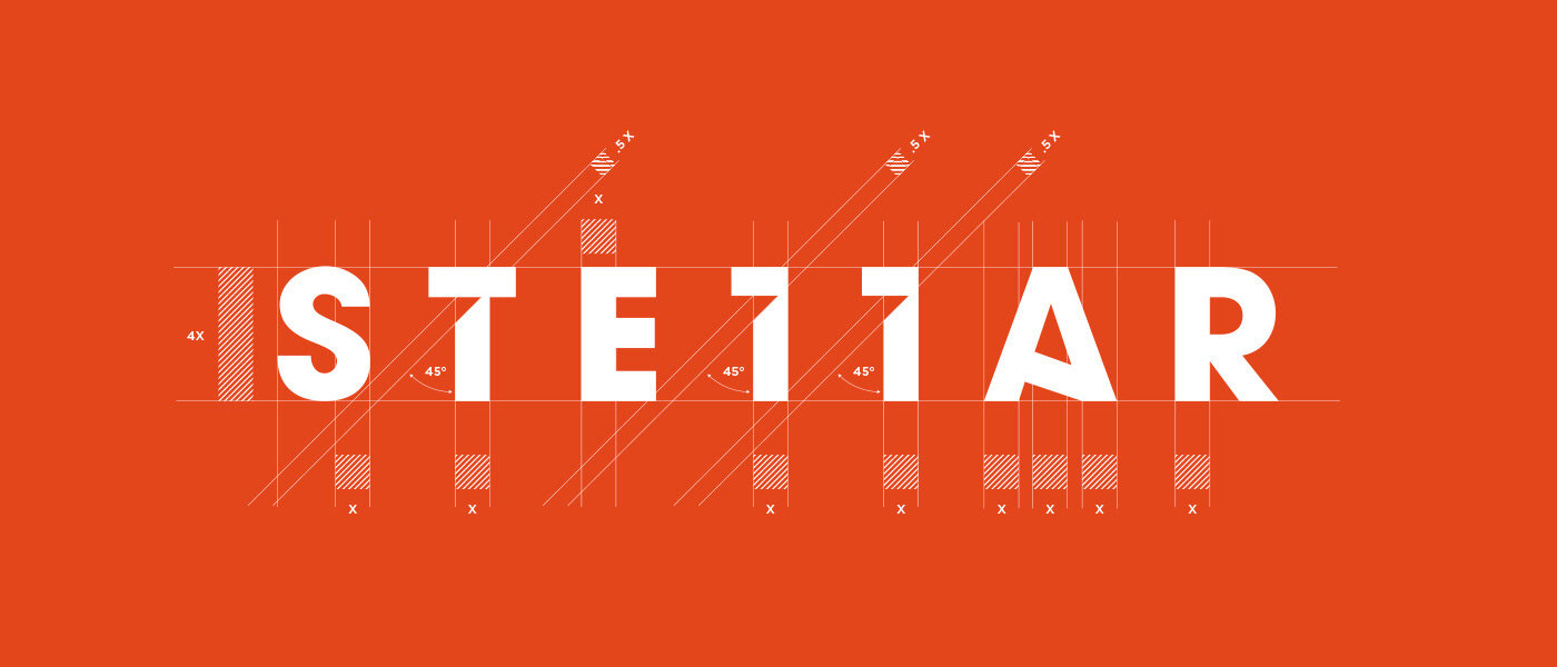 Construction drawing of the Stellar logotype on orange, showing the angles and grid behind the letters and the 11 in place of the Ls
