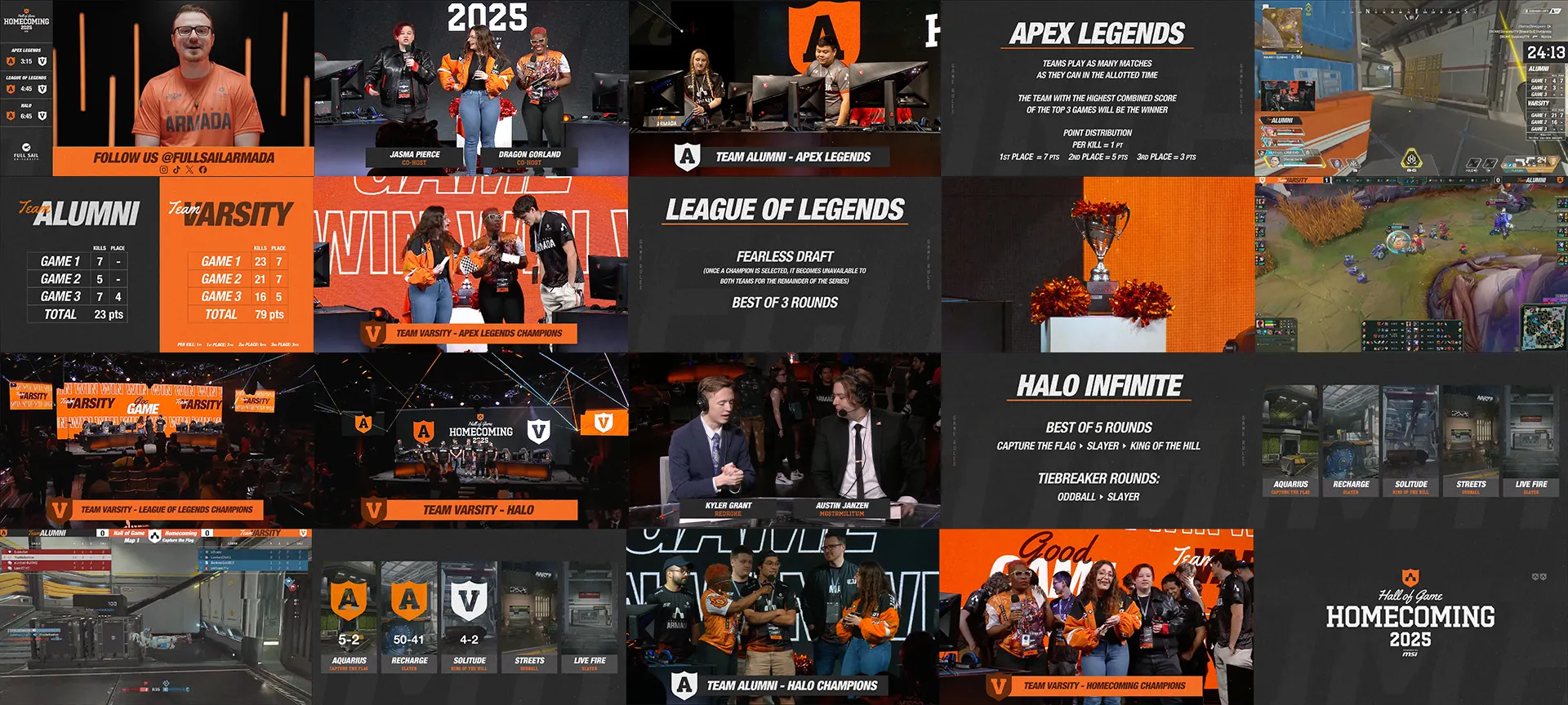 Grid of Hall of Game Homecoming 2025 broadcast graphics: team scoreboards, game rules screens for Apex Legends, League of Legends and Halo Infinite, lower thirds, in-game overlays and champion announcements in orange, black and gray