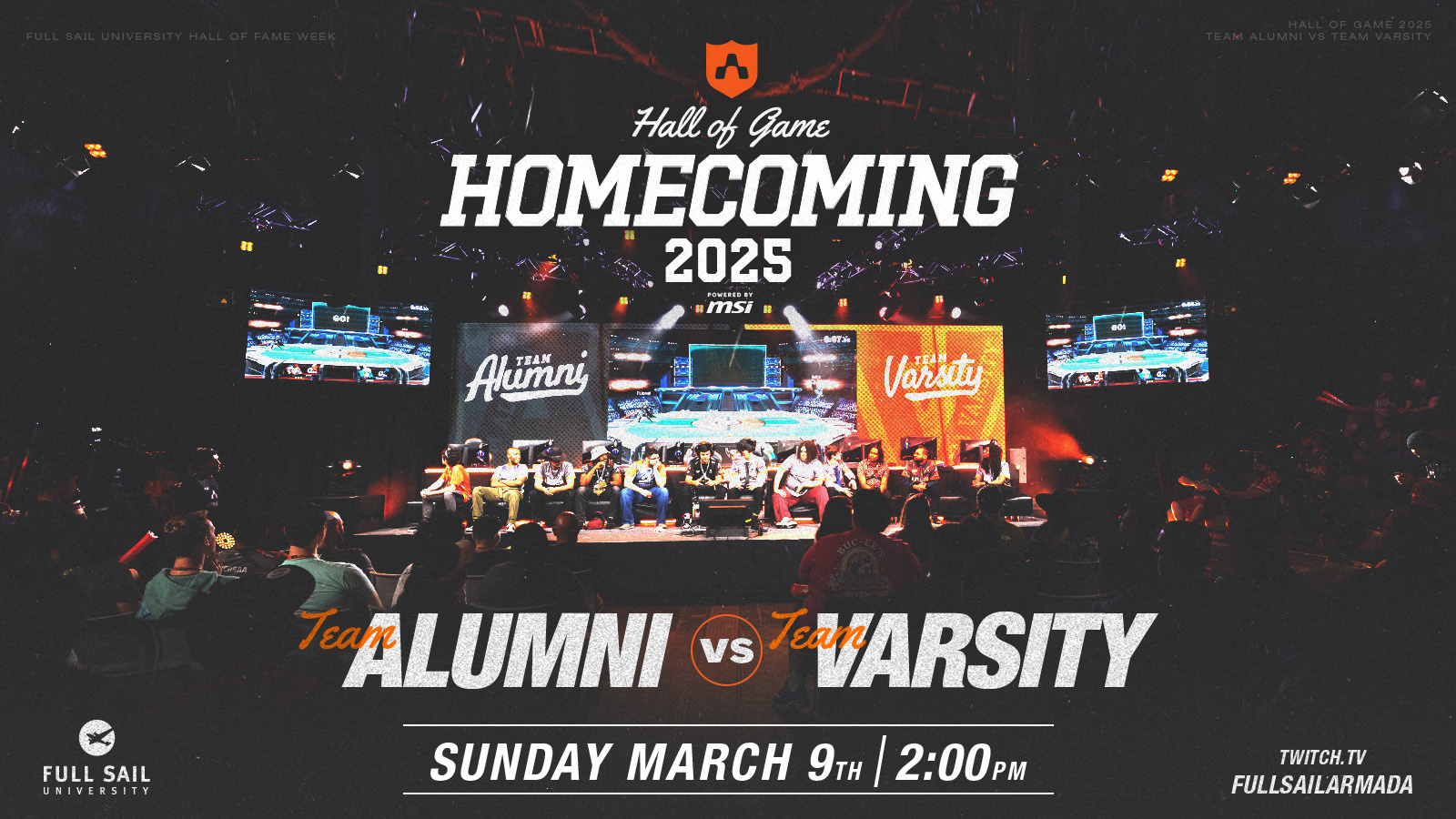 Social post: the Homecoming 2025 lockup over a photo of the stage, with Team Alumni vs Team Varsity and Sunday March 9th, 2:00 PM, on Twitch