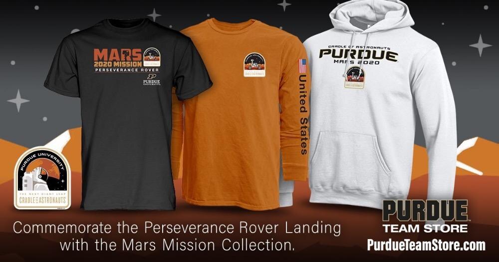 Purdue Team Store promo for the Mars Mission Collection: a black T-shirt, an orange long sleeve and a white hoodie, each with the patch