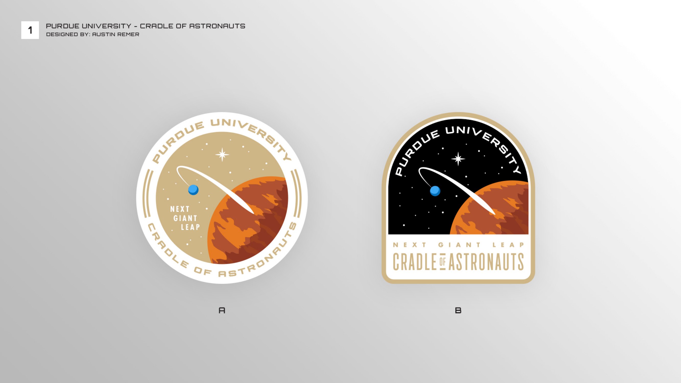Concept 1: Mars with an orbiting probe, as a round patch and an arched patch, both reading Purdue University, Next Giant Leap, Cradle of Astronauts