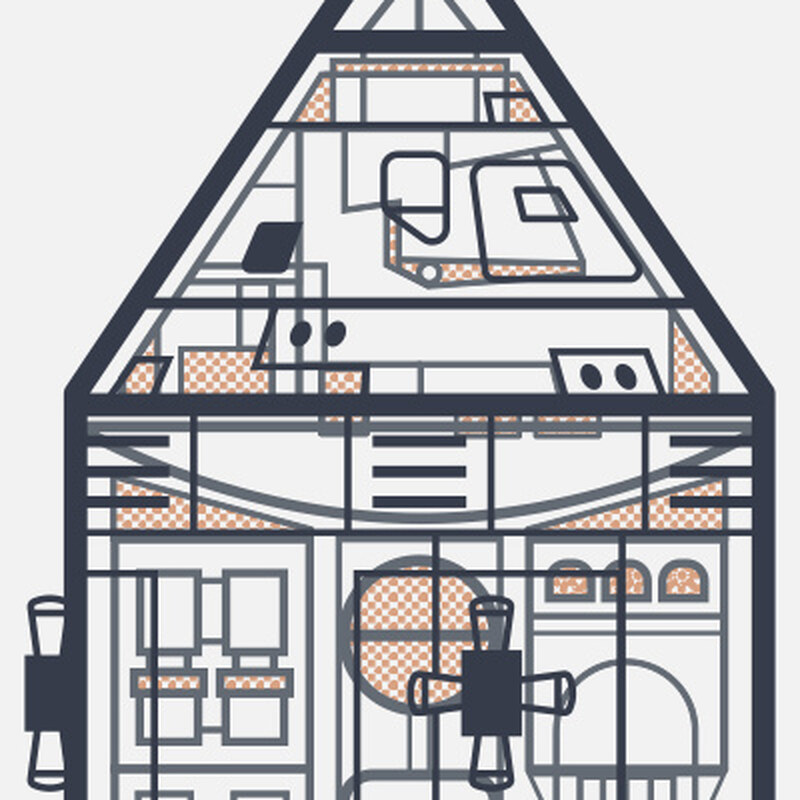 Close-up of the Apollo command module interior linework with orange halftone fills