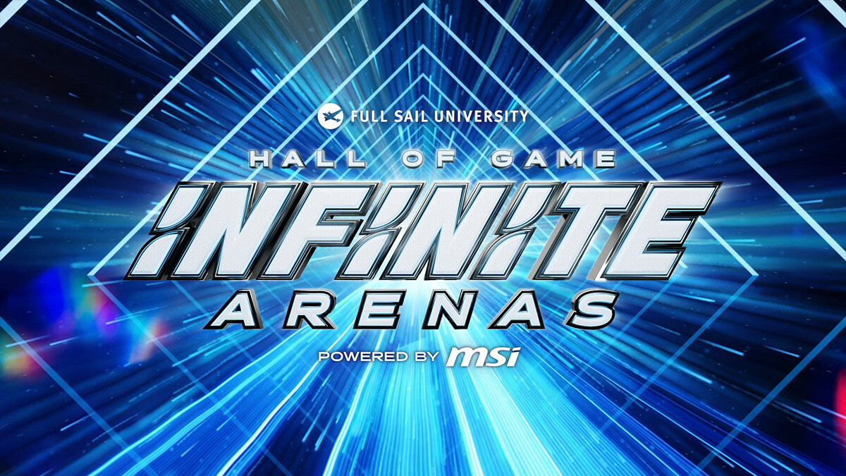 Infinite Arenas key art: chrome italic INFINITE wordmark over ARENAS, set in a blue tunnel of light lines