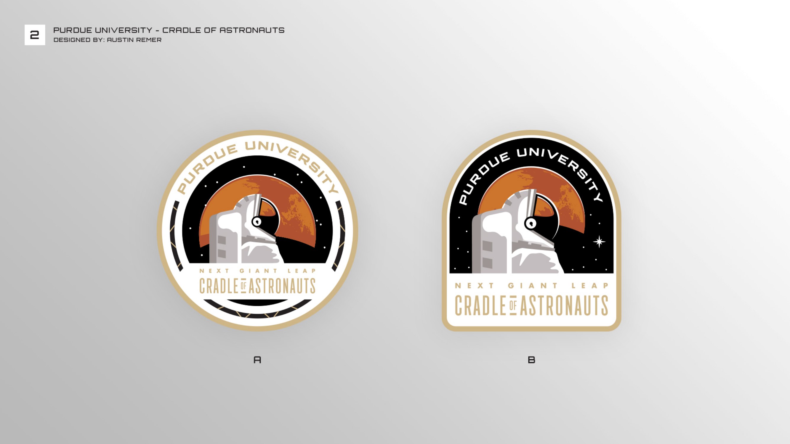 Second round, concept 2: an astronaut in profile against Mars, as a round patch and an arched patch