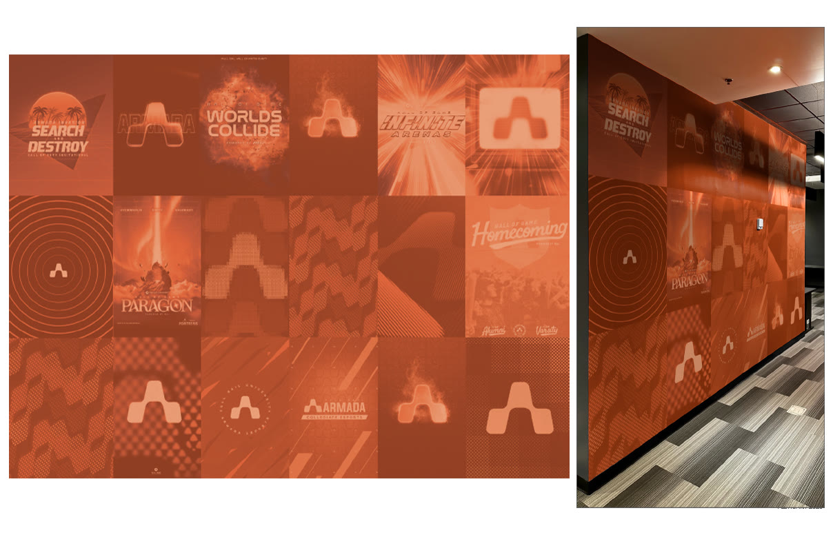 Design for an orange feature wall made of panels showing past Armada event artwork, beside a photo of it installed