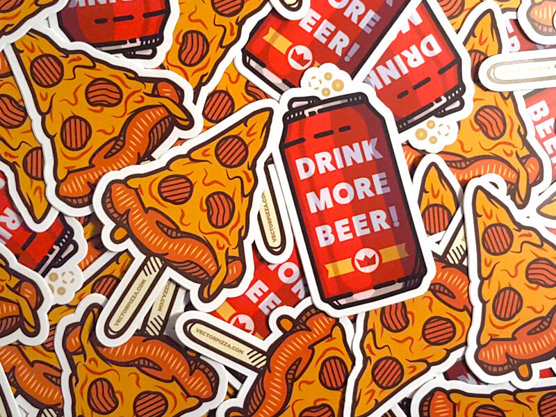 A pile of die-cut stickers: pizza slices on sticks and red Drink More Beer cans