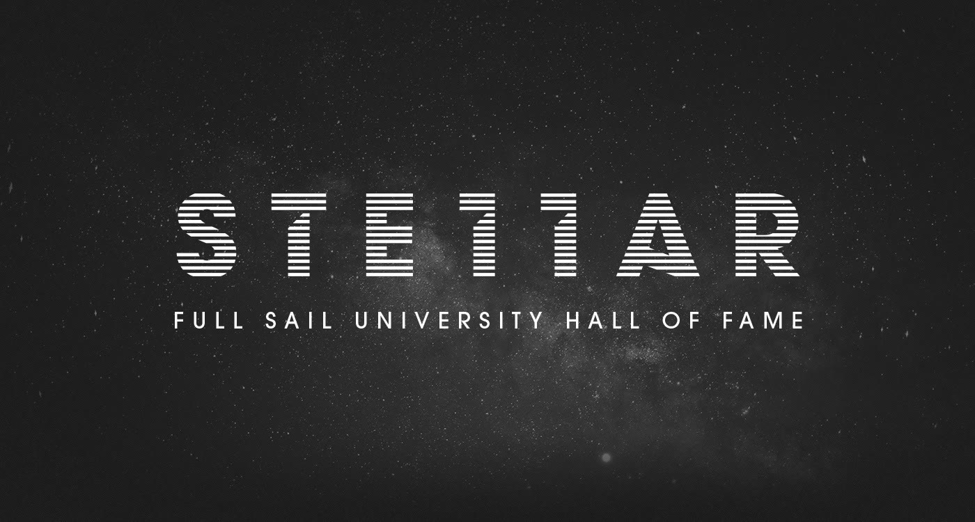 Stellar logotype in spaced white capitals over a dark starfield, with Full Sail University Hall of Fame beneath