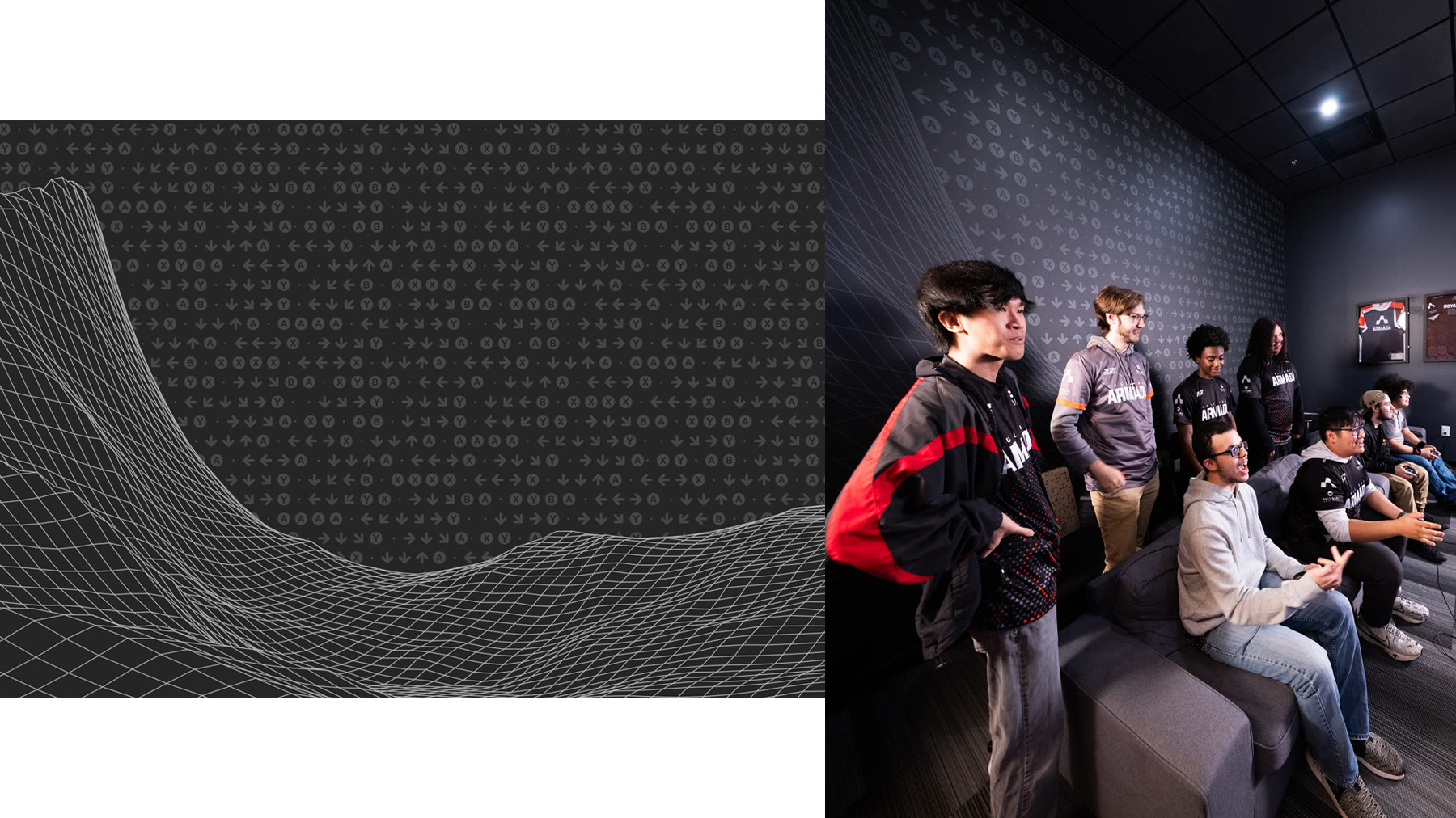 A wireframe terrain wall graphic, shown as artwork and installed behind players watching a match